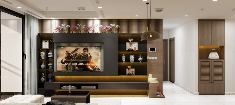 PHÒNG KHÁCH VIEW 1 - Chi tiết kệ tivi & tủ trưng bày